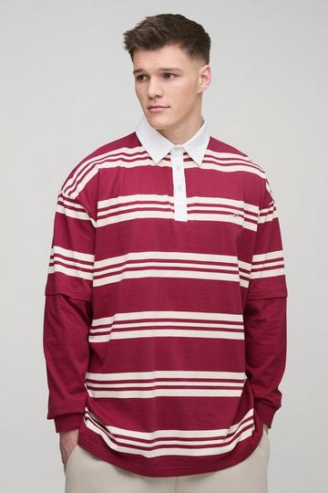 Tall Oversized Embroidered Faux Layer Stripe Polo burgundy