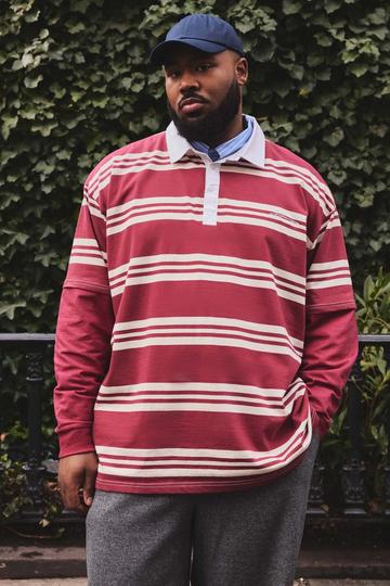 Burgundy Red Plus Oversized Embroidered Faux Layer Stripe Polo