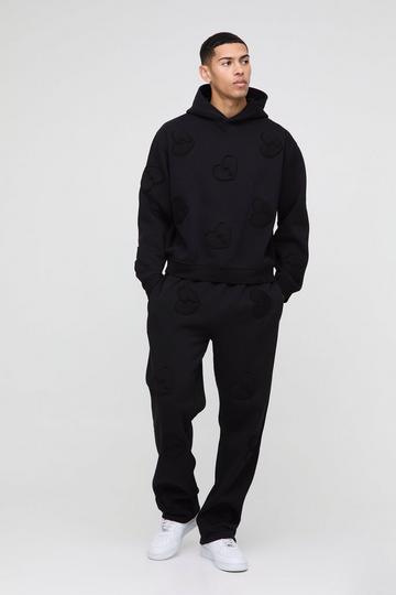 Oversized Boxy All Over Heart Applique Tracksuit black