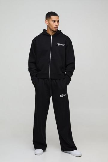 Black Oversized Boxy Official Embroidery Zip Through Tracksuit