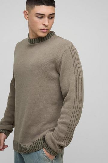 Regular Fit Contrast Rib Knit Sleeve Jumper khaki