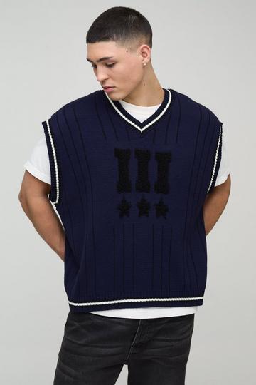 Oversized Gestreepte Gebreide Varsity Trui Met V-Hals navy