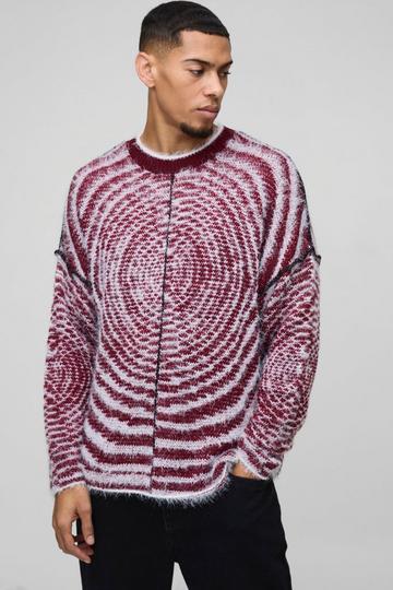 Boxy Fit Fluffy Textured Contrast Knit Jumper burgundy