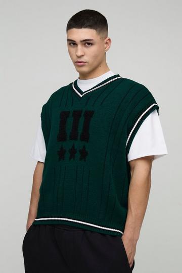 Oversized V Neck Varsity Stripe Knitted Vest forest