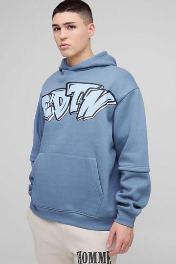 Blue Oversized Edition Graffiti Print Hoodie