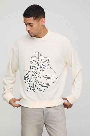 Ecru White Oversized Boxy Waffle Embroidered Sweatshirt