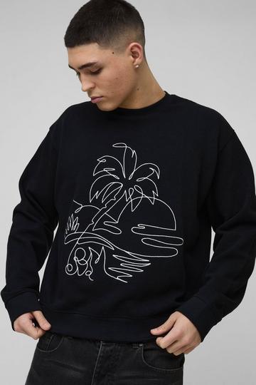 Black Oversized Boxy Waffle Embroidered Sweatshirt