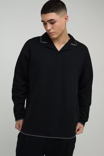 Oversized Boxy Revere Blanket Stitch Polo Sweatshirt black