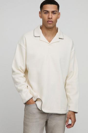 Oversized Boxy Revere Blanket Stitch Polo Sweatshirt ecru