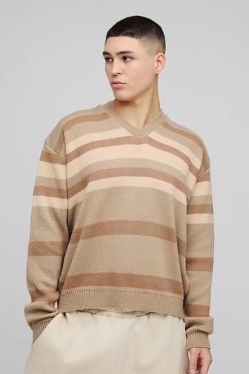 Tan Brown Oversized Boxy V Neck Brushed Stripe Knitted Jumper