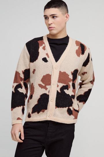 Relaxed Fit Brushed Cow Print Knitted Cardigan brown