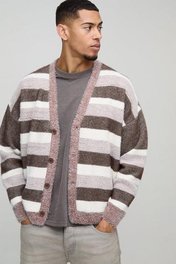 Oversized Dropped Shoulder Brushed Stripe Knitted Cardigan brown