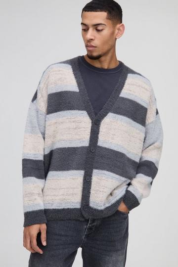 Oversized Dropped Shoulder Brushed Stripe Knitted Cardigan stone