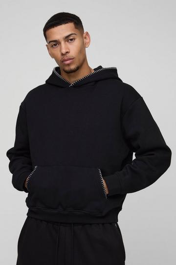 Black Oversized Boxy Blanket Stitch Hoodie