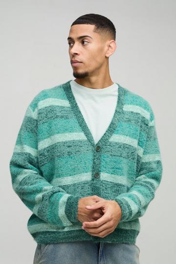 Geborstelde Gestreepte Gebreide Boxy Cardigan green