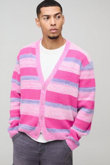 Boxy Brushed Stripe Knitted Cardigan pink