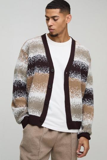 Geborstelde Gestreepte Gebreide Boxy Cardigan brown