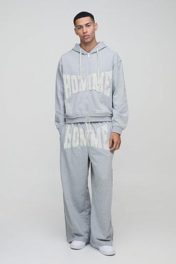 Oversized Boxy Homme Raw Seams Loopback Hooded Zip Through Loopback Tracksuit grey marl