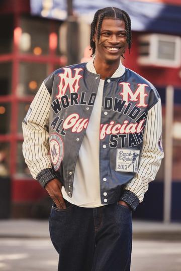 Navy Boxy Worldwide Stripe Sleeve Varsity Jacket