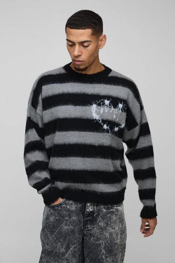 Boxy Brushed Stripe Print Knitted Jumper black