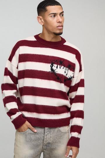 Boxy Brushed Stripe Print Knitted Jumper burgundy