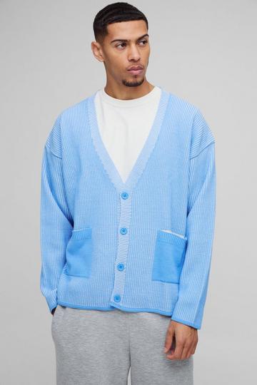 Oversized Boxy Dropped Shoulder Plated Ribbed Knitted Cardigan light blue