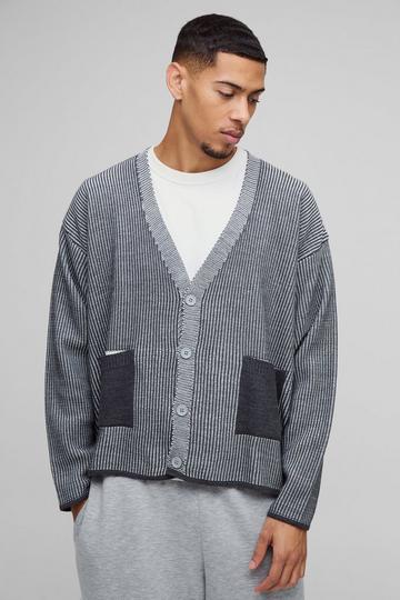 Oversized Boxy Dropped Shoulder Ribbed Contrast Knitted Cardigan charcoal