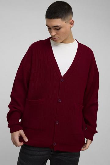 Burgundy Red Oversized Dropped Shoulder Ribbed Knitted Cardigan