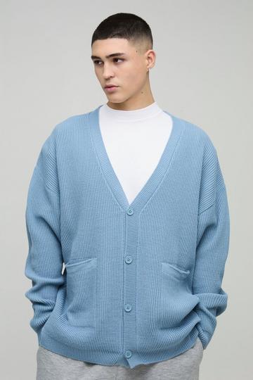 Oversized Dropped Shoulder Ribbed Knitted Cardigan light blue