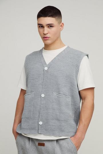 Boxy Ribbed Contrast Button Knitted Vest grey