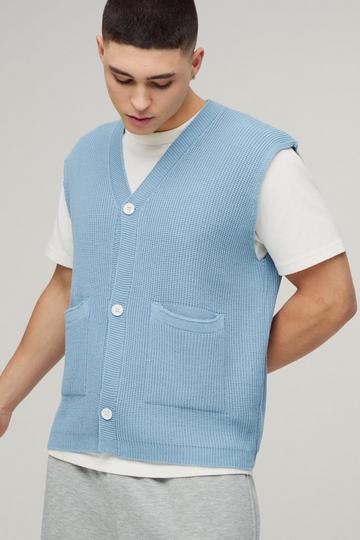 Boxy Ribbed Contrast Button Knitted Vest light blue