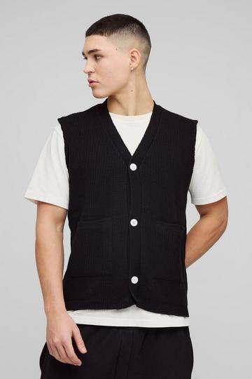 Black Boxy Ribbed Contrast Button Knitted Vest