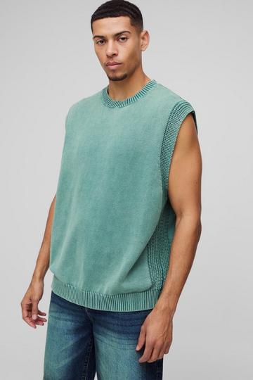 Oversized Crew Neck Acid Washed Knitted Vest green