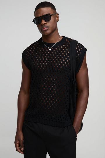 Oversized Boxy Open Stitch Crew Neck Knitted Vest black