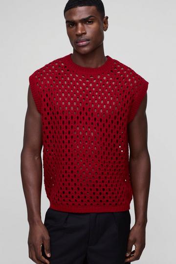 Oversized Boxy Open Stitch Crew Neck Knitted Vest red