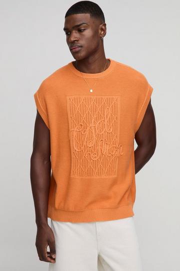 Man Oversized Crew Neck Rope Embroidered Knitted Vest orange