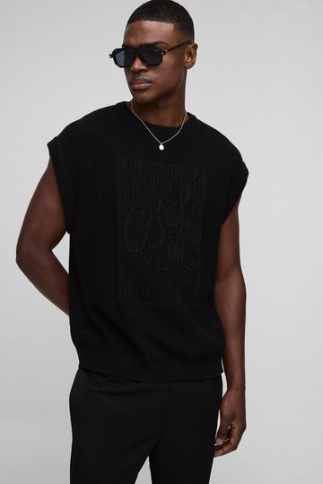 Man Oversized Crew Neck Rope Embroidered Knitted Vest black