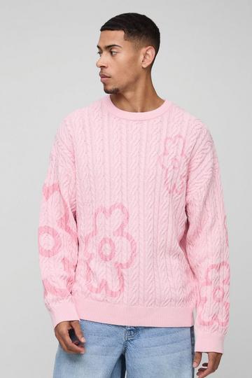 Oversized Cable Knit Floral Crew Neck Knit Jumper pink