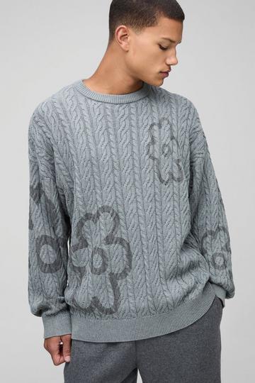 Oversized Grof Gebreide Boxy Bloemen Trui Met Crewneck grey