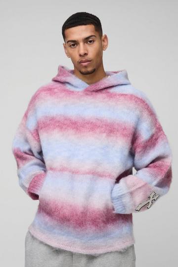 Gestreepte Geborstelde Gebreide Boxy Ombre Hoodie Met Kruis pink