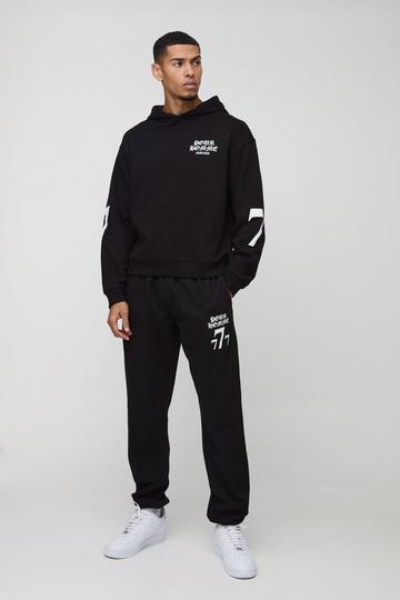 Black Oversized Boxy 7 Print Hooded Tracksuit