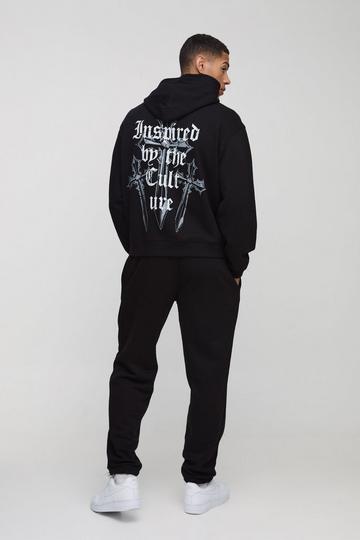 Oversized Boxy Cross Printed Hooded Tracksuit black