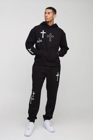 Black Oversized Boxy Cross Print Hooded Tracksuit