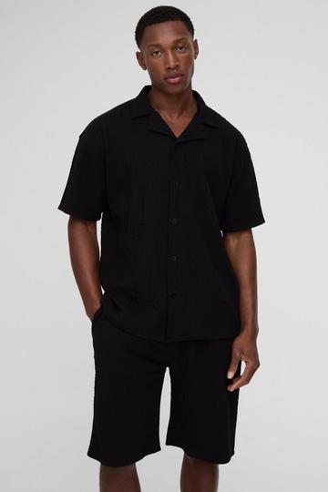 Textured Stripe Jacquard Shirt & Short Set black