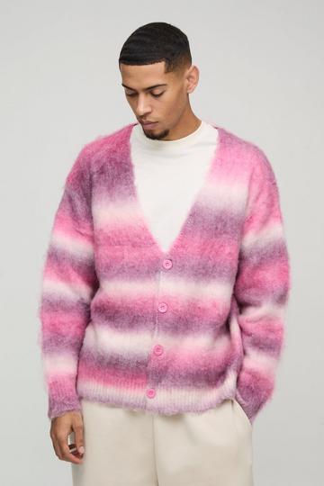 Oversized Dropped Shoulder Brushed Stripe Knitted Cardigan pink