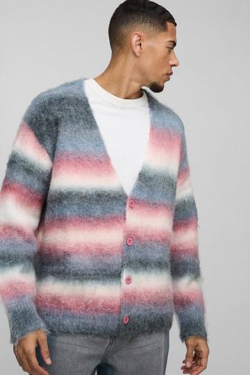 Oversized Dropped Shoulder Brushed Stripe Knitted Cardigan purple