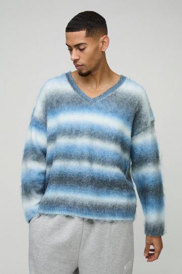 Oversized Boxy Brushed Stripe V Neck Knitted Jumper blue