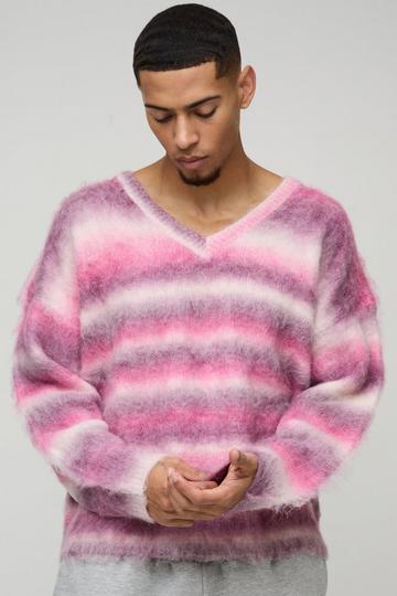 Oversized Geborstelde Gestreepte Boxy Trui Met V-Hals pink