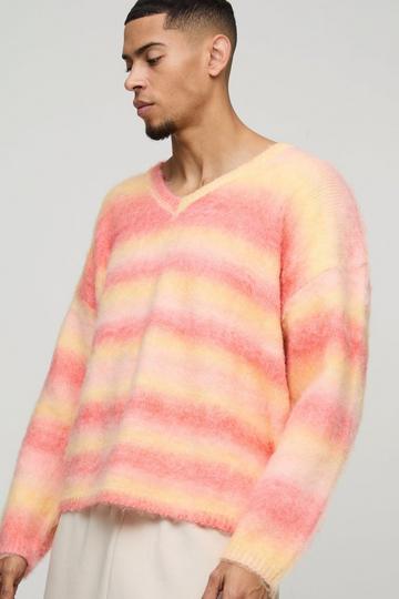 Oversized Boxy Brushed Stripe V Neck Knitted Jumper orange