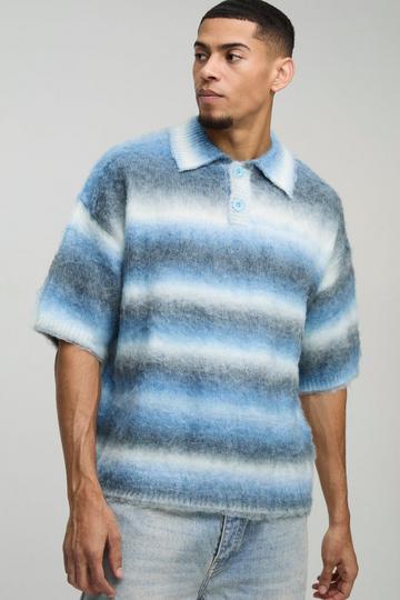 Oversized Brushed Stripe Short Sleeve Knitted Polo blue